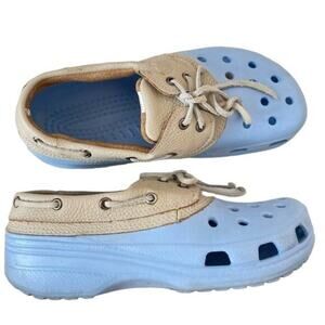 Crocs Islander Pitcrew Boat Shoe Light Blue Leather Upper Size Men 8 Women 10